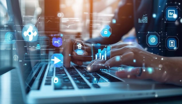 A business professional analyzing data on a laptop with various technological icons representing costeffective customer engagement solutions