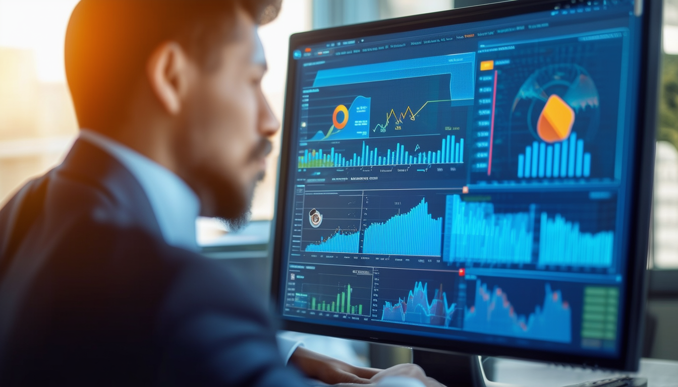 A business professional analyzing data charts on a