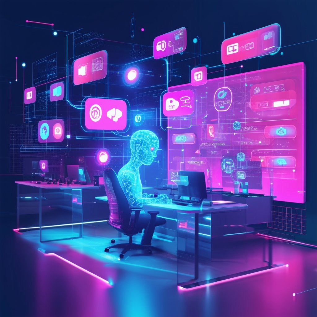An image of a futuristic call center with AI eleme